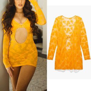 SAVAGE X FENTY Strap Up Yellow Amber Long Sleeve Sheer Lace Lingerie Slip Size S